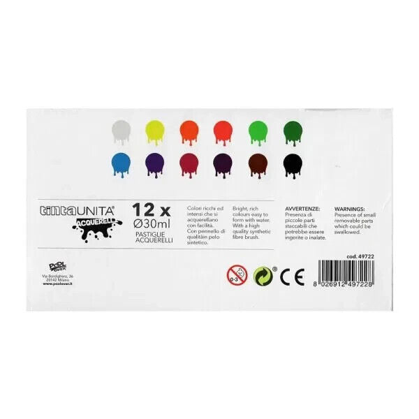 Acquerelli da 12  colori in scatola con chiusura magnetica e Pennello Tinta Unita