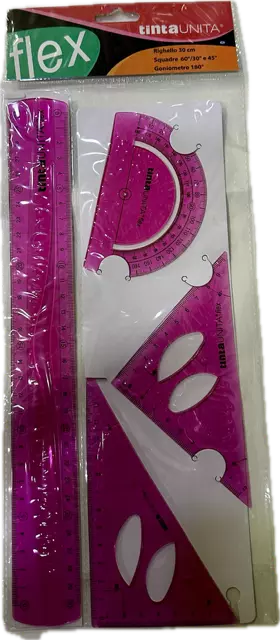 Kit FLEXI FLESSIBILE Riga 30cm + 2 squadre 45°/60° + Goniometro 180° TINTA UNITA