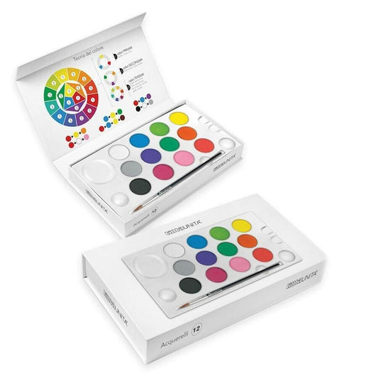 Acquerelli da 12  colori in scatola con chiusura magnetica e Pennello Tinta Unita